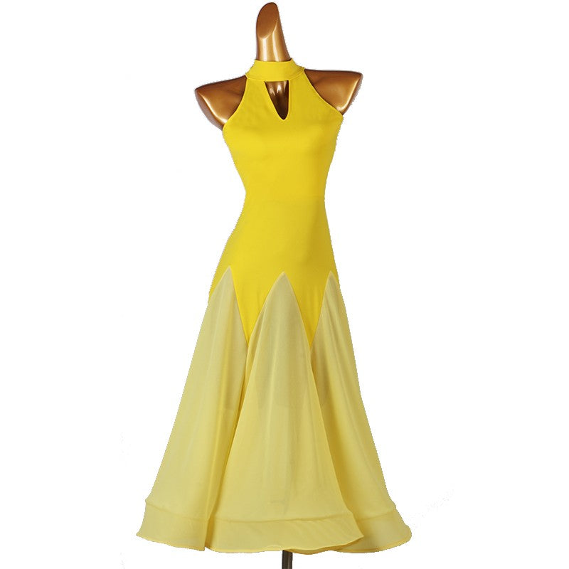 Yellow black ballroom dancing dresses for women girls halter neck sleeveless ballroom dance costumes waltz tango dance long dress - Moderndancedress.com