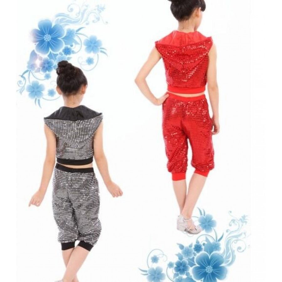easyforever Unisex Kids Boys Girls Shiny Sequin Long Sleeve Jazz Hip Hop Dance Hooded Top with Pants Performance Set 