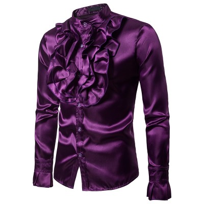 British court lotus leaf fungus lace collar satin long-sleeved shirt male glossy shirt banquet host singer shirt