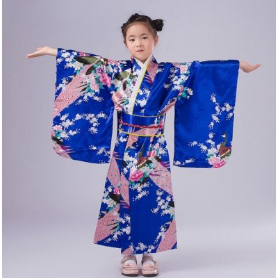 Child Silk Print Floral Peacock Dress Robes Japanese Girls Kimono Children Portray Kids Perform Dance Costumes