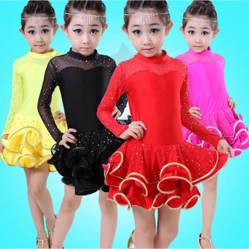 Children  girls pink black red lace long sleeves latin dance dresses stage performance latin dance costumes