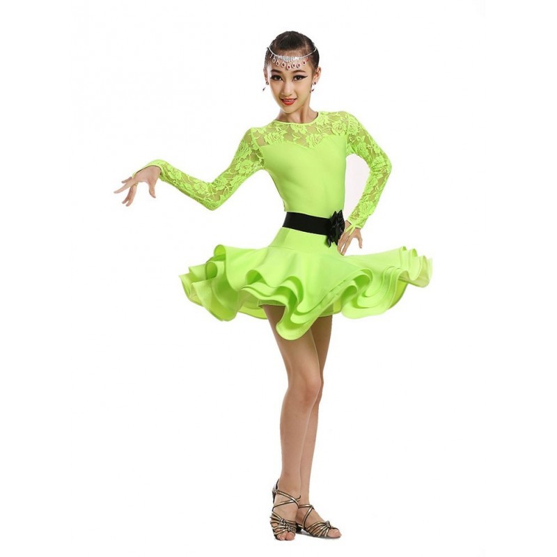 Children green pink black lace latin Dance Dress For Girls Cha-Cha Kids Competition ballet Dress Dancing  Girl Class Dancewear Latin Costume