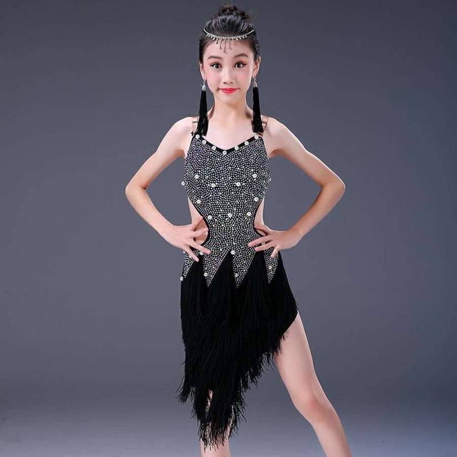 Calcifer Stretchable Latin Dance Dresses Fringe for Women Girls for Competition