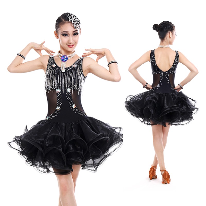 Girls Kids Latin Dress Black White Latin Tango Rumba Club Dance Wear Children Latin Dance Competition Costumes