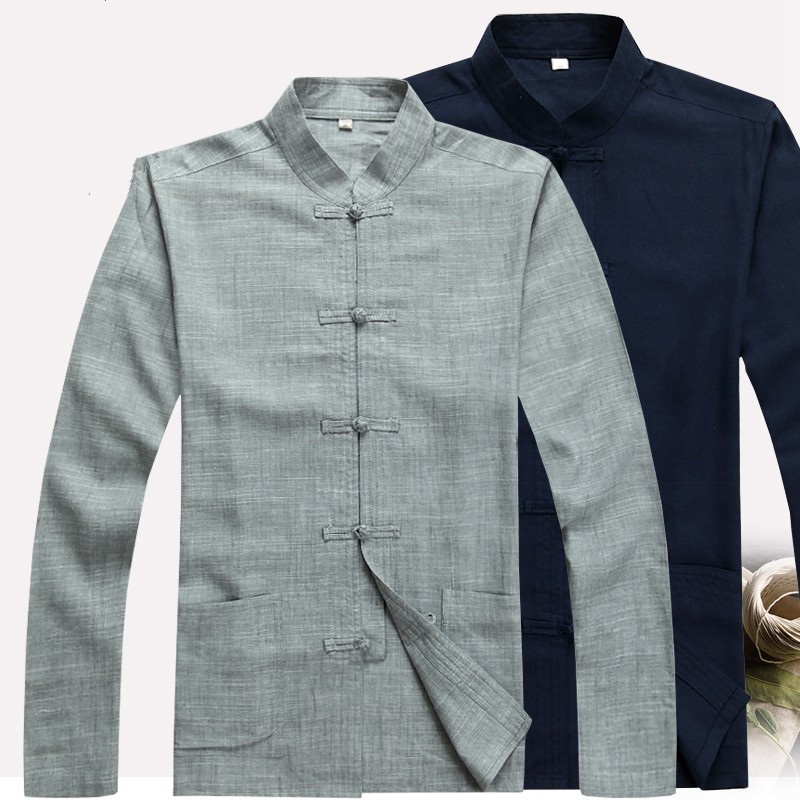 Gray Chinese men's Cotton/Linen Kung fu shirt Shirts tops 