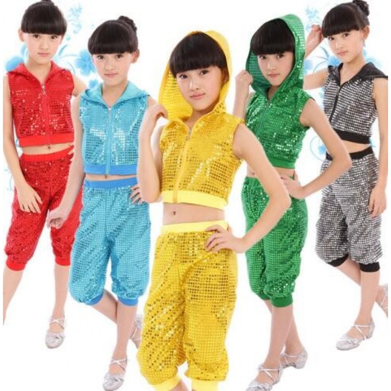  Kids Children Sequin Hip Hop Dance Costume Stage Jazz Dance Costumes Suit Girls Boys Crop Top With Hooded and Pants