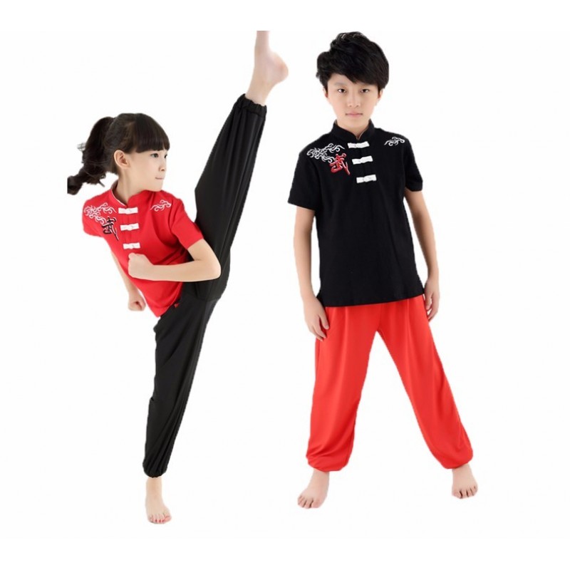 Kids Short Sleeve Wushu Uniform Practice Training Performance Costume Taichi Suits for Boys Girls 