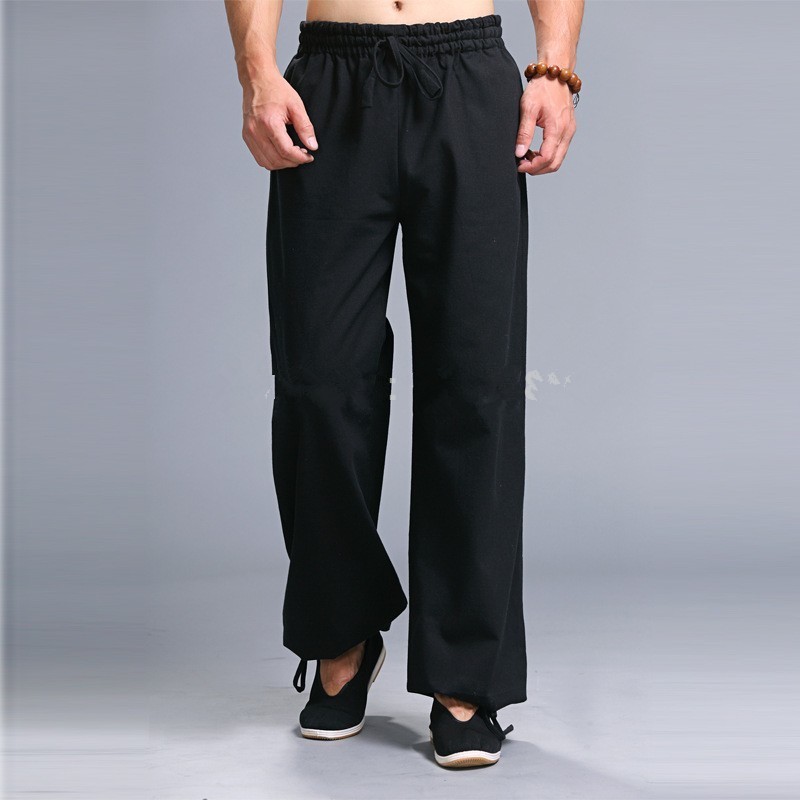 Men Black kung fu sport trousers martial arts tai chi sweatpants leisure training Linen Cotton pants