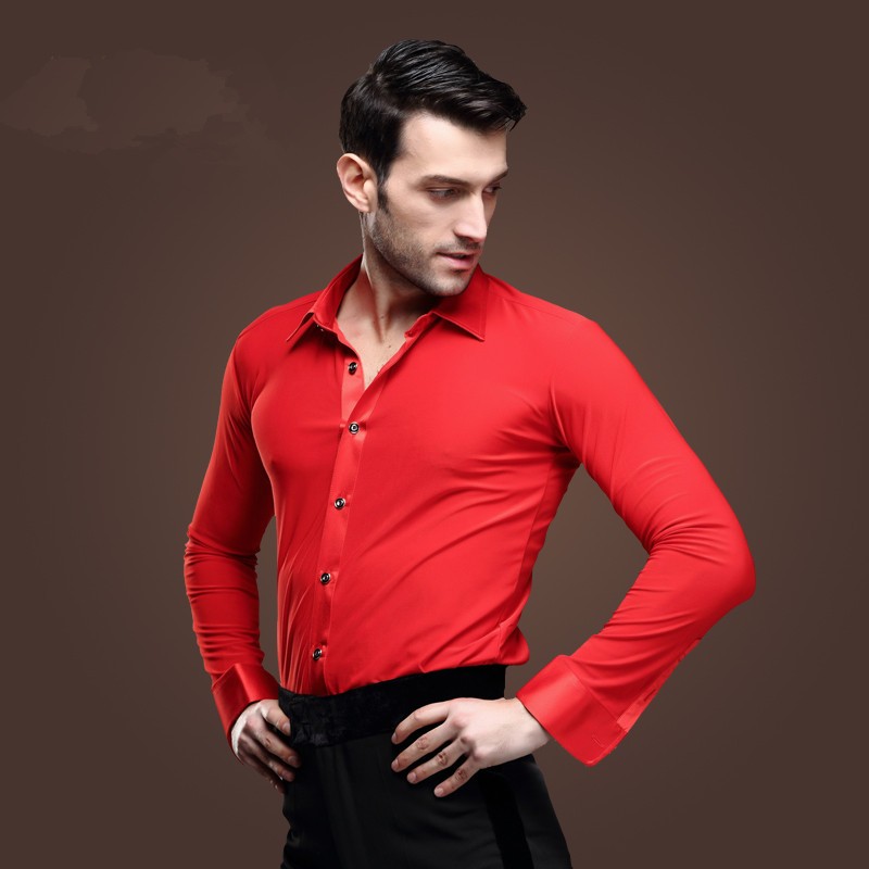 Men's ballroom dance shirts red black white long sleeves male competition stage performance latin chacha rumba dancing tops shirt