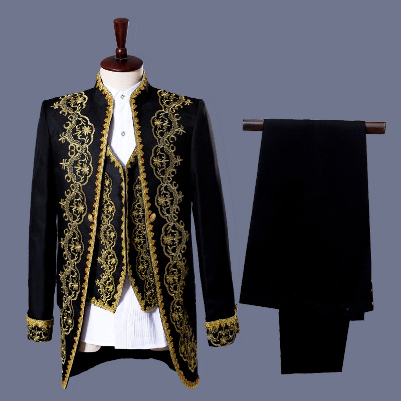 Men's jazz dance coats host singers magician European palace style embroidery pattern white black long jackets