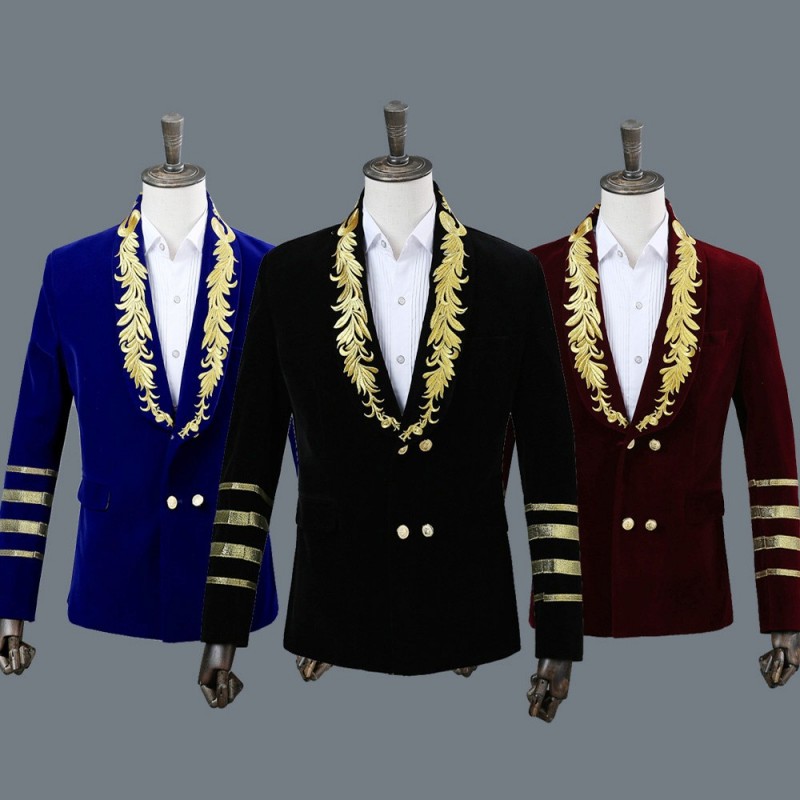 Men's Jazz Dance Costumes Double-breasted embroidered host singers show stage performance blazer suit
