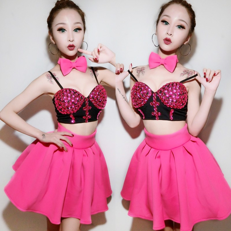 Pink Vintage Jazz Dance Costumes For Lady White Sexy Tops+skirt Women Bar Dj Dancers Stage Sexy Singer Costumes