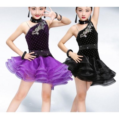 Strapped Black Latin Dress Girls Velvet Ballroom Latin Dance Wear Kids Cold Shoulder Vestido De Baile Latino For Sale