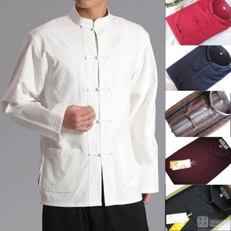 ZooBoo Traditional Long Sleeve Tang Kung Fu Uniform Mens Shirt White, XL 