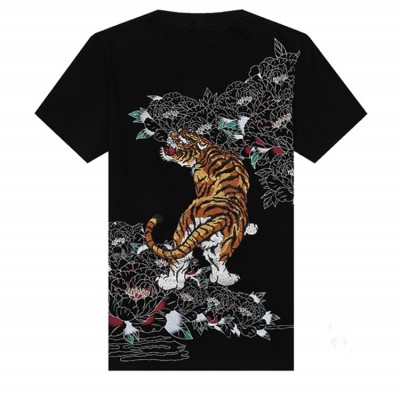 Tiger Embroidery t shirt Men's Round Neck Cotton kung fu Shirts Men Black White Plus Size Shirt