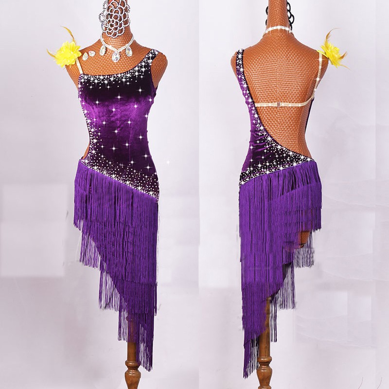 Women Latin Dancing Costumes Lycra Net Top Tassel Skirt Salsa Samba Rumba India Ladies Fringe Latin Dance Dress
