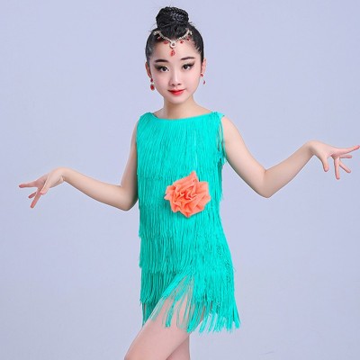 Children layers fringes latin dnce dress girls competition tassels latin dance costumes