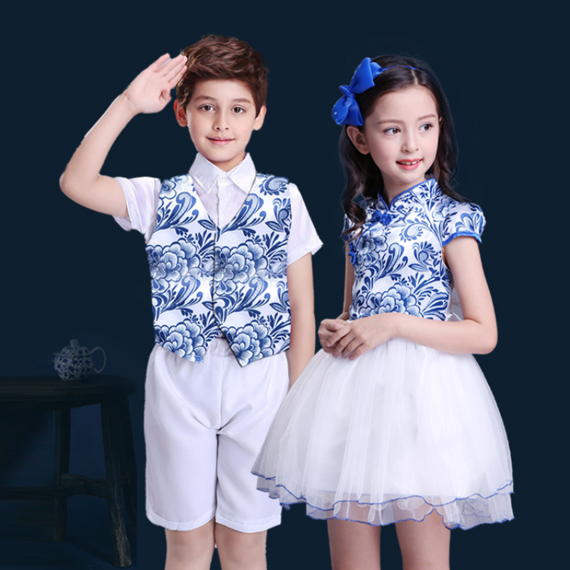 Children's day performance clothing chorus clothing blue and white porcelain children's primary and secondary school students chorus performance clothing men and women