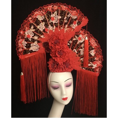 Individual Originality Design Red Fan tassels Stage Show Atmospheric Luxury Creative Cosmetic Makeup Modeling Headdress Woman