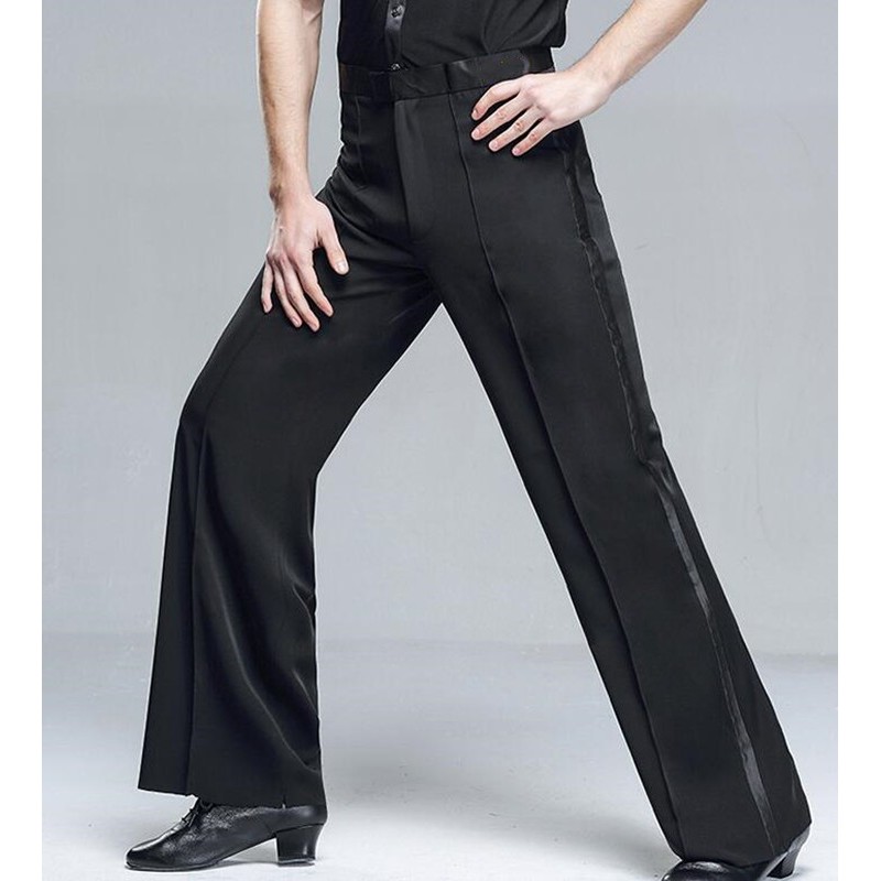 Custom size men's latin ballroom dance pants black side with ribbon competition stage performance long trousers for male