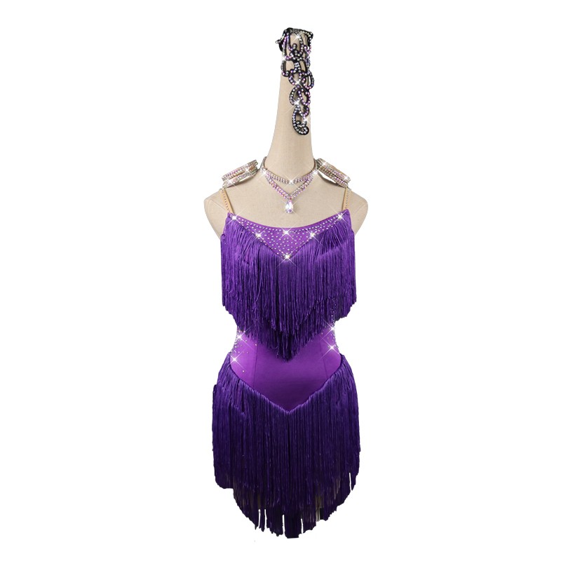Purple fringes competition latin dresses for women salsa chacha dance dress robe latine pour femme