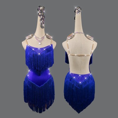 Royal blue tassels competition latin dance dress for women salsa chacha dance dress robe latine pour femme