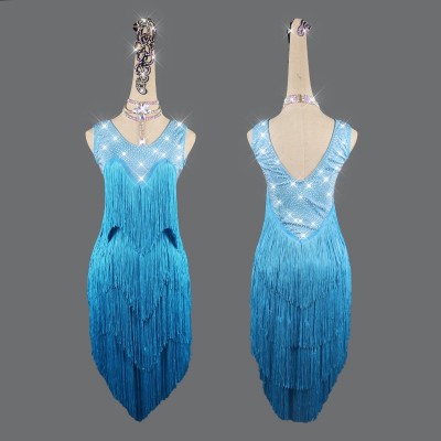 Women's turquoise competition latin dance dresses strass compétition robe latine pour femme