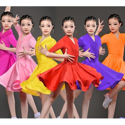 Girls children yellow red pink purple competition latin dance dress kids latin ballroom rumba salsa stage performance costumes modern dance outfits for girls
