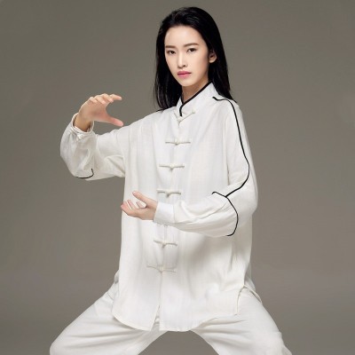 Blue white linen Tai chi clothing  Chinese kung fu morning fitness clothes for women men Spring summer autumn martial arts Tai Chi uniforms wushu Performance suit