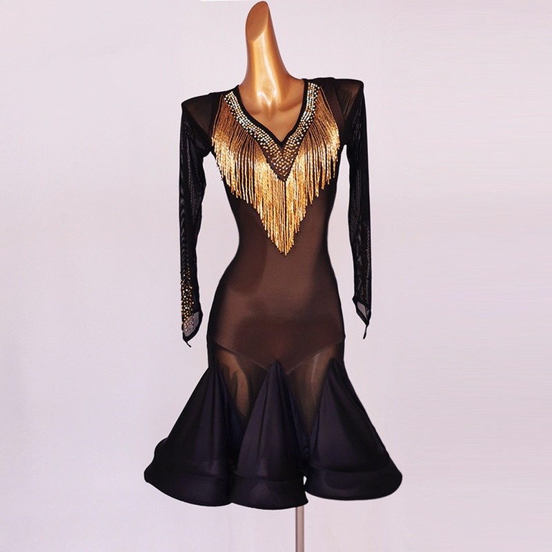 Black Long Mesh Sleeves Latin Dance Dress For Women Girls, 56% OFF