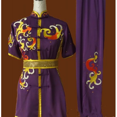 Purple embroidery martial arts competition suits for men women long boxing suits Nanquan tai chi kungfu team performance suits 
