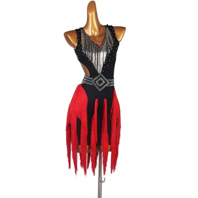 Silver diamond tassels black with red competition latin dance dress for women backless rumba chacha salsa dance dress modern dance outfits