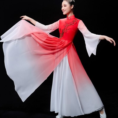 Women red gradient chinese folk dance dresses fairy princess dress chinese ancient traditional yangko fan umbrella dance costumes for lady 