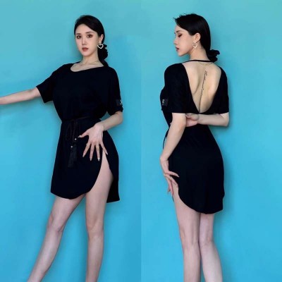 Black latin dance dress for girls women's summer style round neck side slit salsa rumba chacha dance tops backless short sleeve practice clothes modal