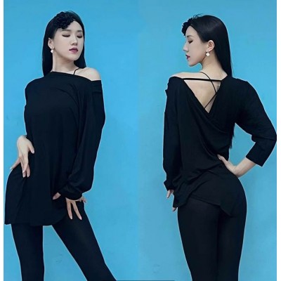 Women girls black latin dance dresses salsa rumba chacha practice Latin loose blouse with long sleeves National standard dance practice tops for lady