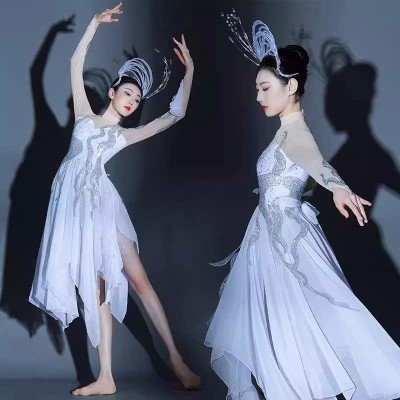 Modern contemporary dance white dress for women girls ballet dance dress elegant art examination repertoire performance costume sets