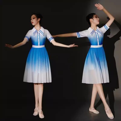 Modern contemporary dance Dresse for women girls blue gradient elegant art examination repertoire performance costume sets