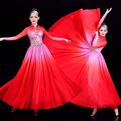 Chinese folk dance dress for women girls red pink gradient classical dance costumes hanfu ancient traditional dance swing skirt flowing for female