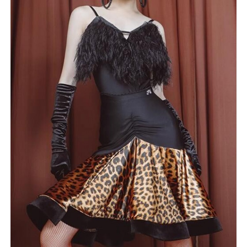Black fringe with gold leopard printed latin dance dresses for women girls salsa rumba chacha leotard tops with skirts