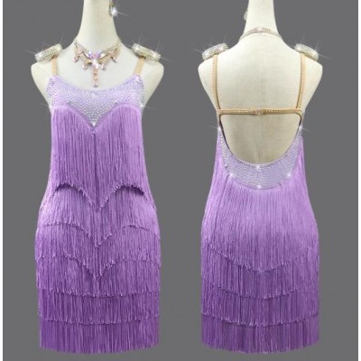 Light purple lavender fringe competition latin dance dresses for women young girls salsa rumba chacha ballroom dancing costumes for female