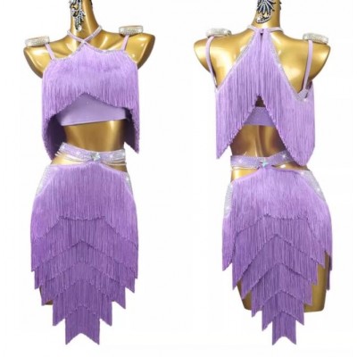 Lavender purple tassels competition latin dance dresses for women girls salsa rumba chacha ballroom dance wear for lady