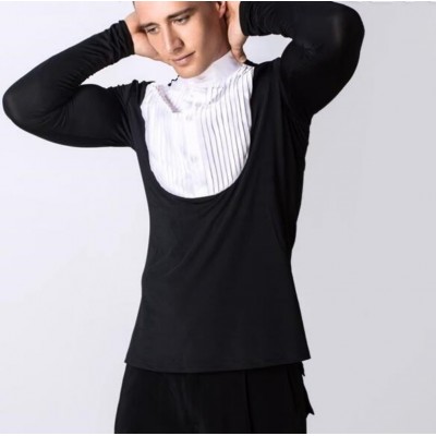 Black with white latin ballroom dance shirts for men youth stage performance waltz tango flamenco jive chacha practice dancing tops for man