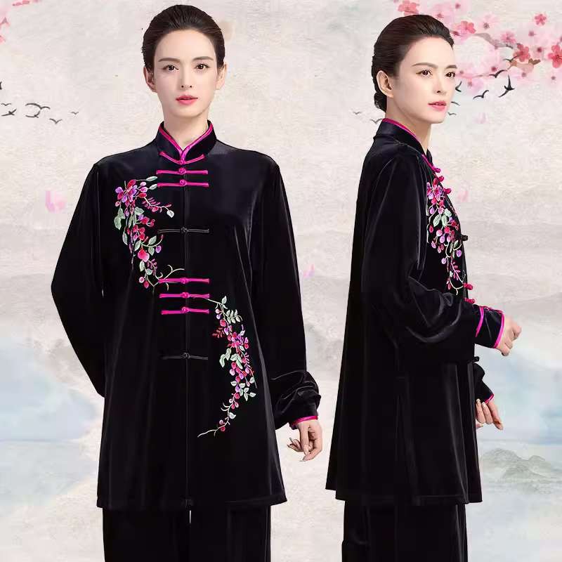 Black velvet embroidered flowers tai chi clothing for women chinese kung fu uniforms tai ji quan morning fitness exercises clothes for female