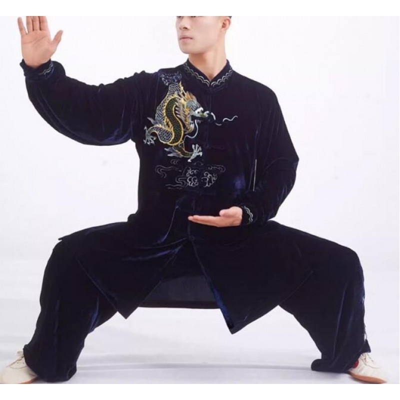 Customized size navy blue velvet emboridered dragon tai chi clothing for women and men chinese kung fu uniforms wushu tai ji quan competition suit for man