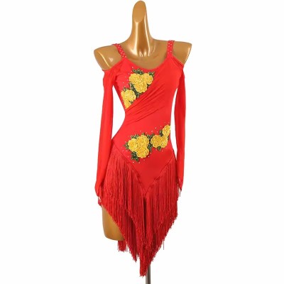 Red with yellow flowers competition latin dance dresses for women girls tassels salsa rumba chacha flowy ballroom latin dancing skirt for female