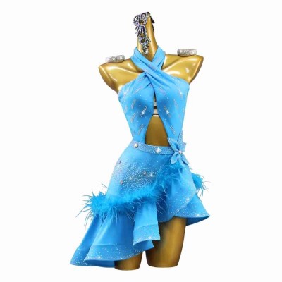 Customized Size Turquoise blue Feather competition latin ballroom dance dresses for women girls salsa rumba chacha dance wear for female