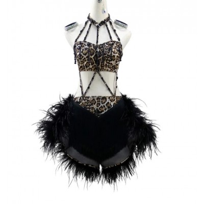 Customized size leopard with black feather competition latin dance dresses for women girls rumba salsa chacha ballroom dance wear for female